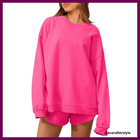 Oversized Sweatsuit Set Long Sleeve Crewneck Sweatshirt Shorts Lounge Wear